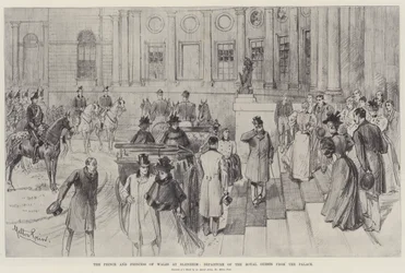 El Príncipe y la Princesa de Gales en Blenheim, salida de los invitados reales del palacio